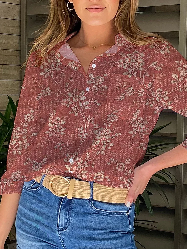 Retro Floral And Small Polka Dots Pattern Printed Women's Casual Shirt