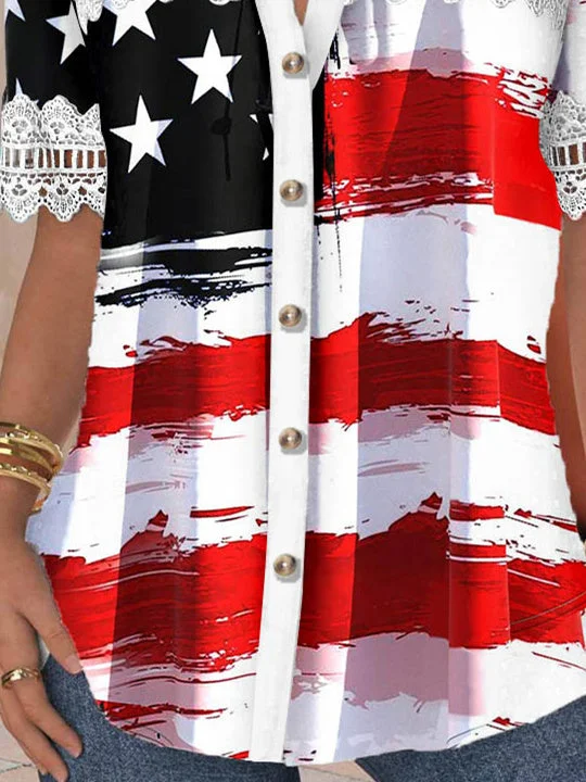Women Short Sleeve V-neck Striped Star Printed Graphic Lace Hollow Stitching Button Tops