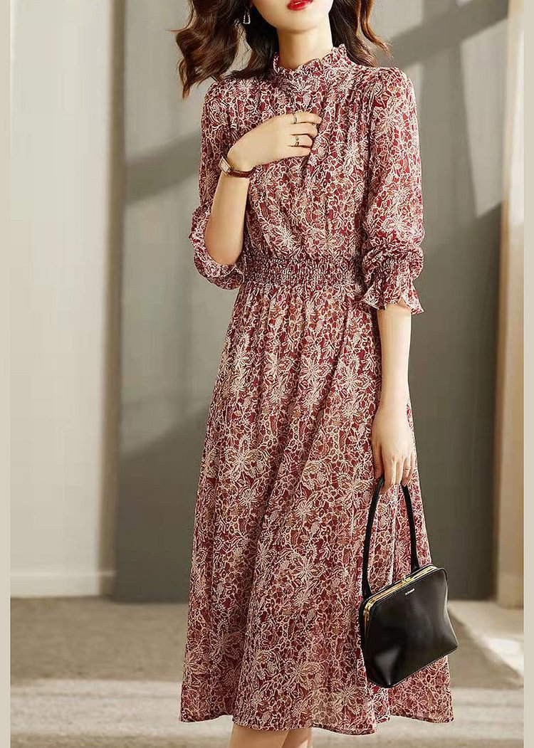 Style Red Stand Collar elastic waist Print Silk Long Dresses flare sleeve
