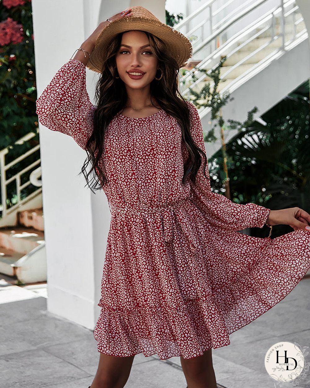 Round Neck Long Sleeve Floral Wrap Tie Waist Mini Dress