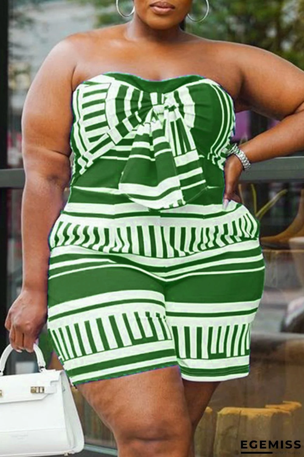 Green Sexy Casual Print Backless Strapless Plus Size Romper | EGEMISS
