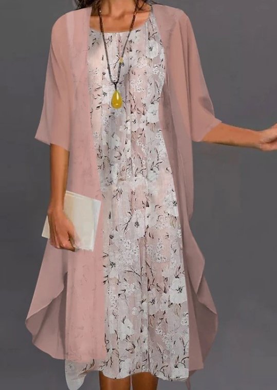 Fake Two Piece Lace Round Neck Chiffon Coat Dress - Chicaggo