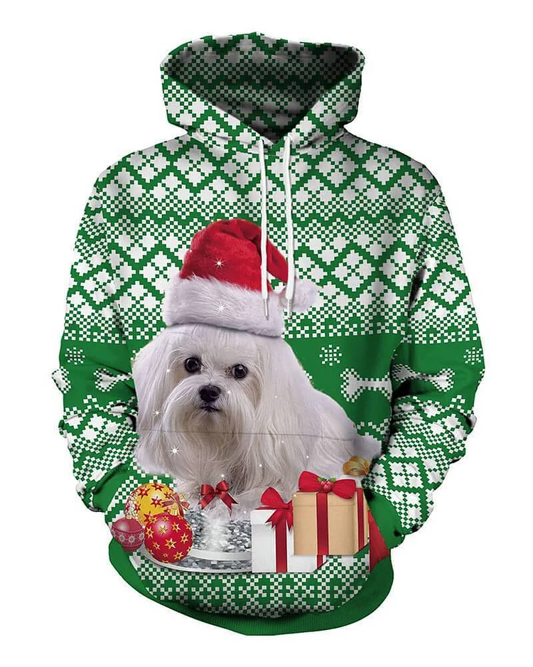 Mayoulove Dog In Christmas Hat And Gifts Printed Green Pullover Unisex Hoodie-Mayoulove