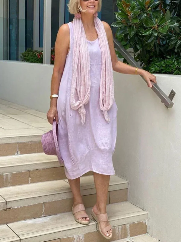 solid color sleeveless cotton linen ladies dress