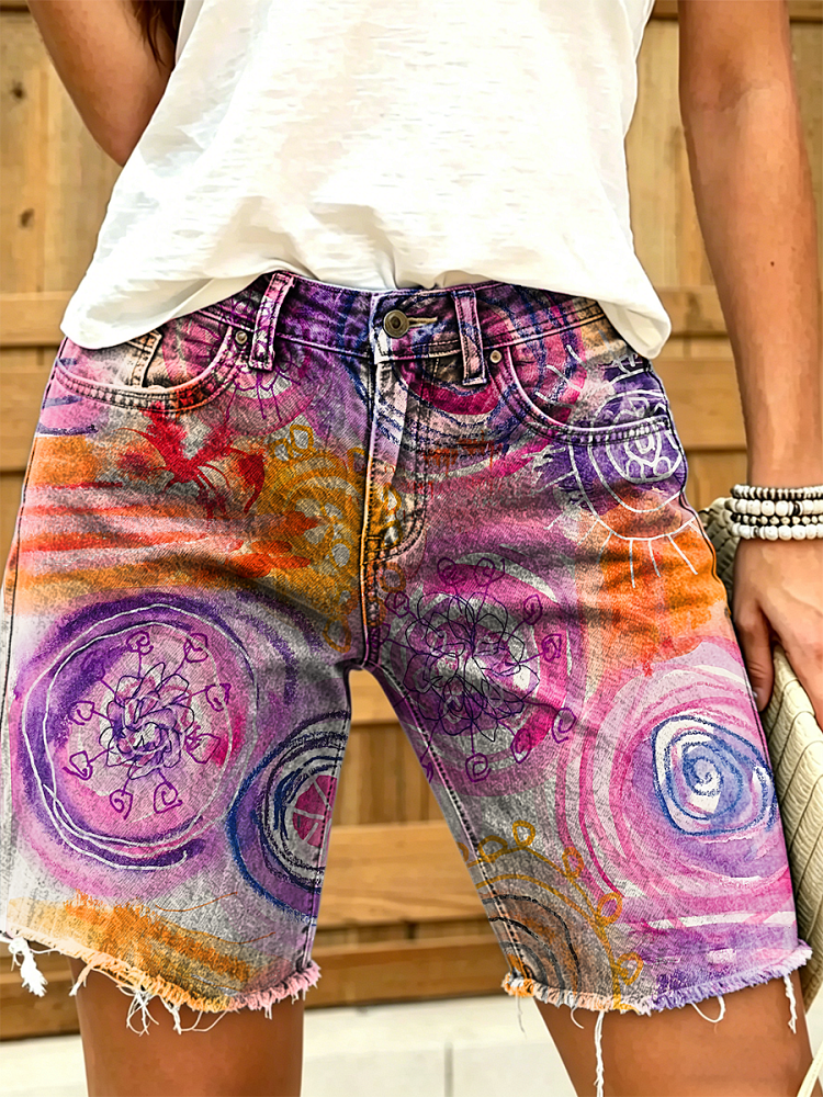 Women's Retro Colorful Art Print Casual Washed Cotton Denim Shorts
