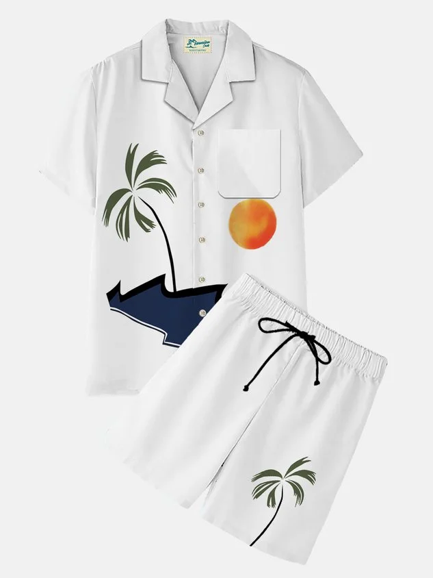 HiBoyz_Hawaiian Coconut Tree Men's Button Pocket Two-Piece Shirt And Shorts Set
