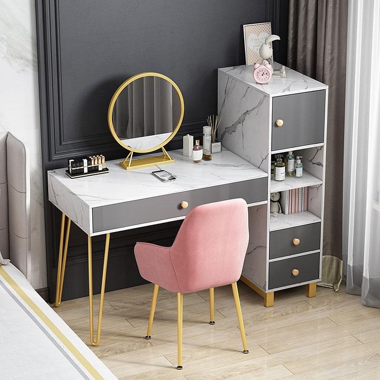 Gray Round Mirror 6 Drawers Scandinavian Style Dressing Table