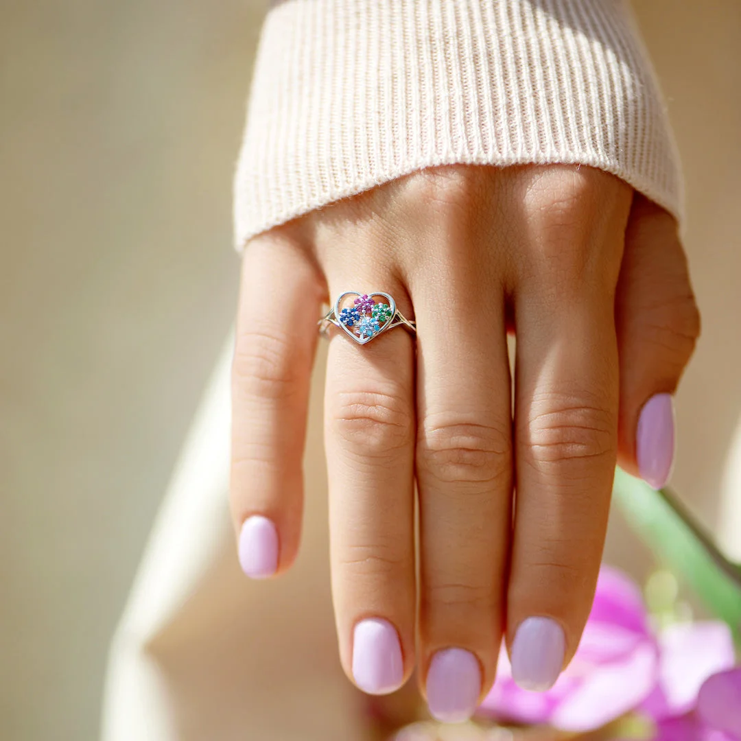 Mama's Heartbeats 1-5 Birthstones Flower Heart Ring