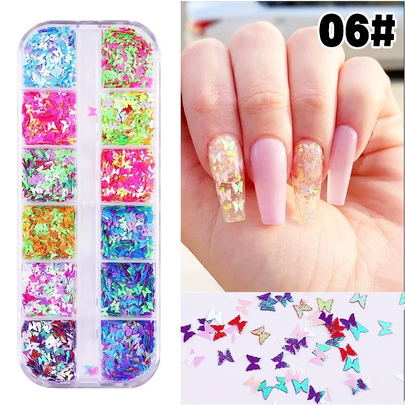 1 Box12 Grids Mixed Nail Art Deco Butterfly Patch Laser Symphony Star Butterfly Fluorescent DIY Nail Art Decoration Sequins