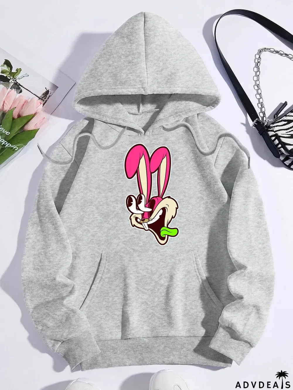 Printed on front Kangaroo Pocket Hoodie Long Sleeve for Women Pattern Rabbit Surprised