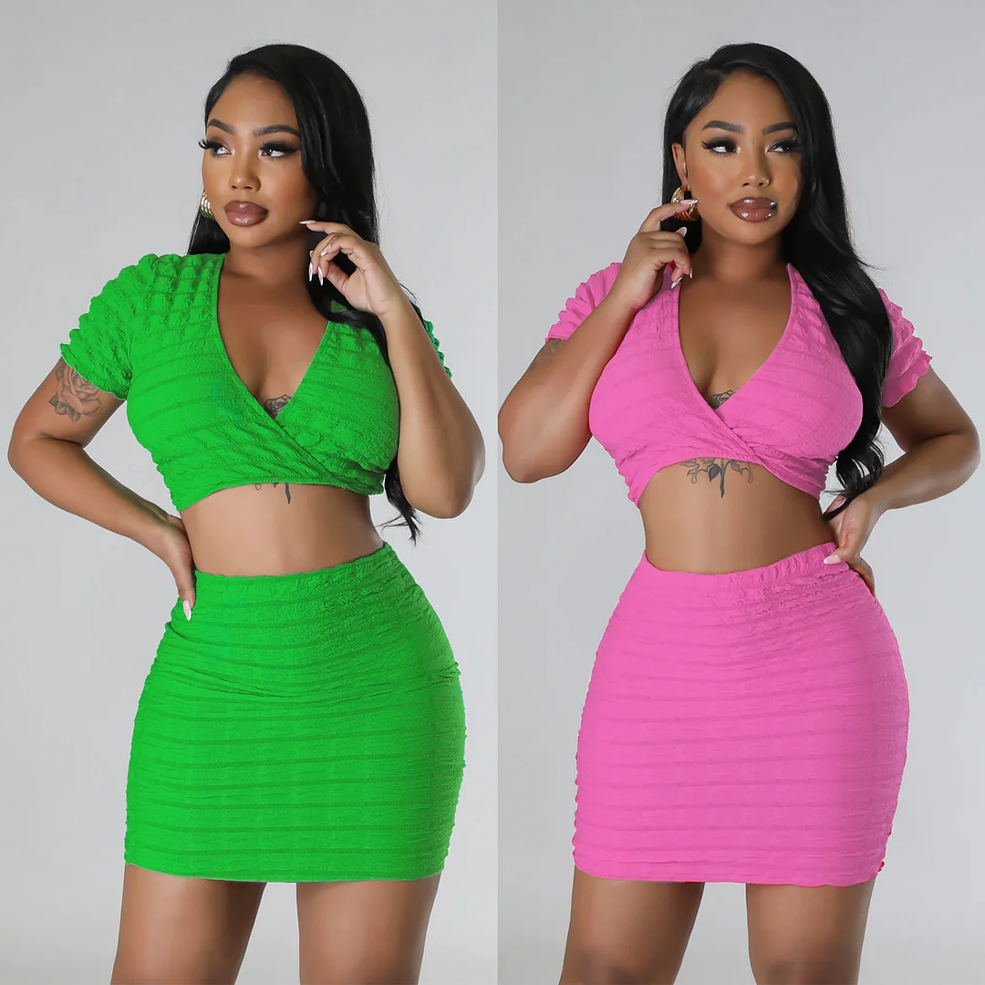 Sexy V-neck Popcorn Bubble Two-piece Set | IFYHOME