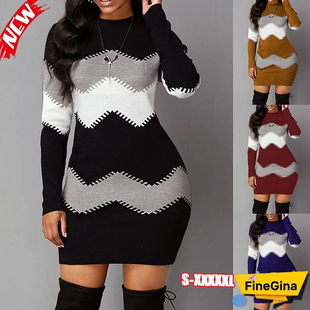 Fashion Women Sweater Dress Short Skirt Round Neck Long-sleeved Knitted Bag Hip Bottoming Dress Women Knitted Dress