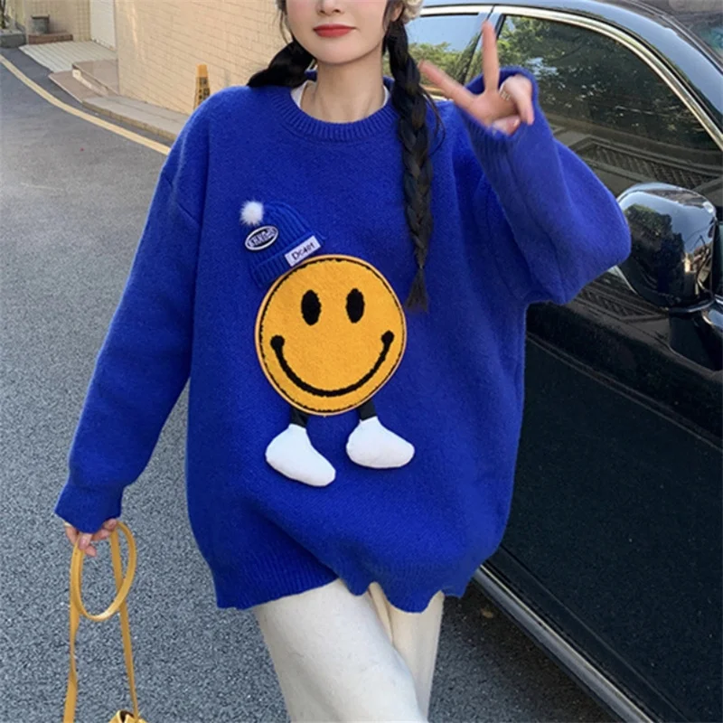 Toloer Toloer Wind Smiling Face Sweater Female Autumn Winter New Style Large Size Set Sweater Design Sense Round Collar Adds Thick Bottom Unlined Upper Garment-Outfit Ideas
