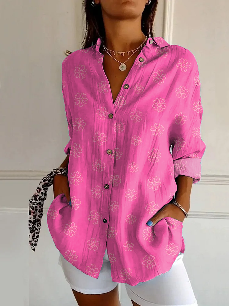 Classic Pink Cherry Print Casual Long Sleeve Shirt