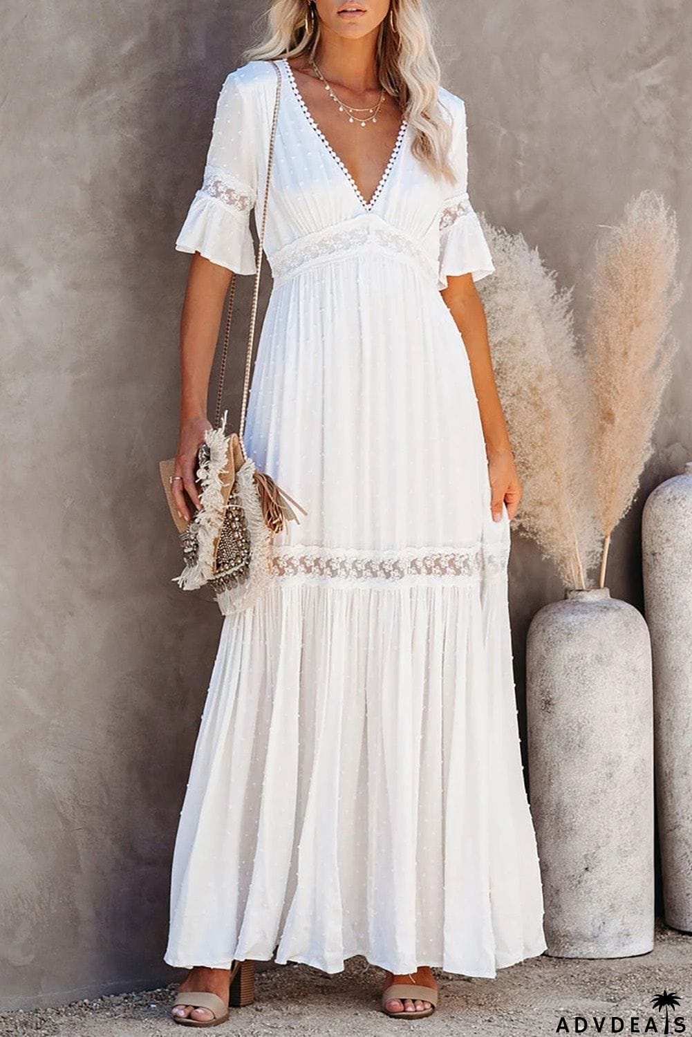 Swiss Dot Lace Trim Maxi Dress