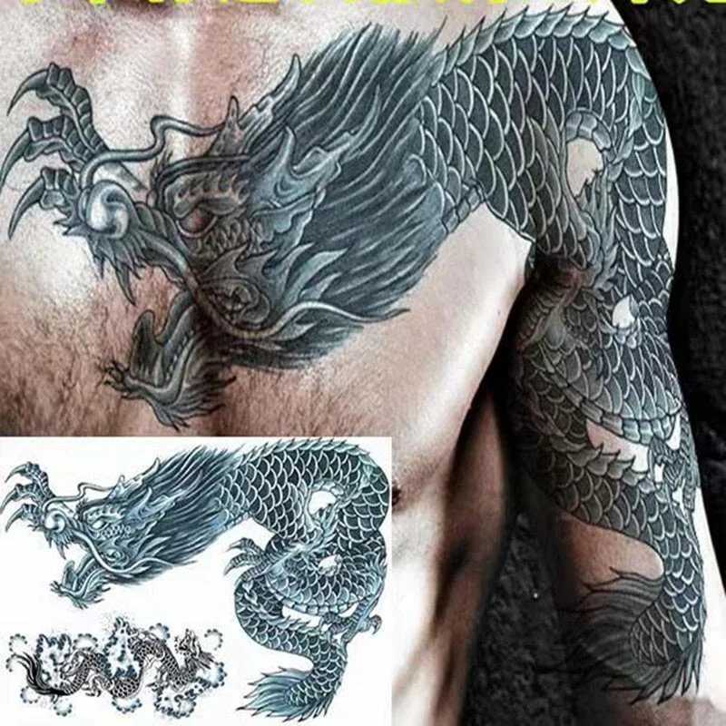 New Waterproof Tattoo Sticker Male Half Shoulder Dragon Totem Breastplate Flame Flower Arm Art Fake Tattoo Black Big Size Tattoo