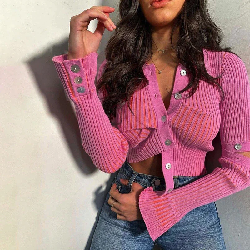 Toloer Cute Pink Kinited Cropped Top Women Y2k Ruched Crop Top Long Sleeve Camisole Top Winter Party Club Vintage