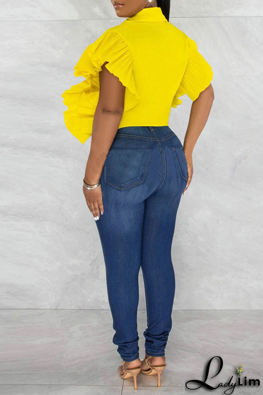 Rose Red Casual Solid Patchwork Buckle Flounce Turndown Collar Tops