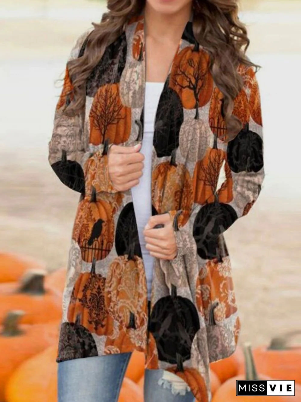 Casual Long Sleeve Plus Size Printed Cardigan