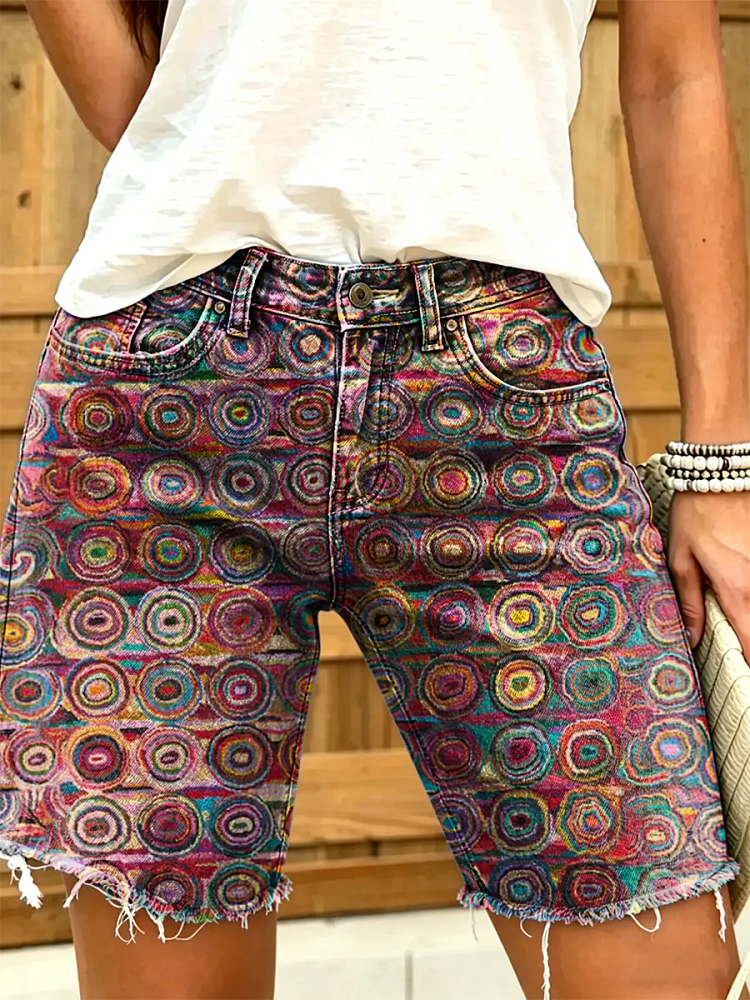 Women's Colorful Circle-print Artistic Denim Shorts