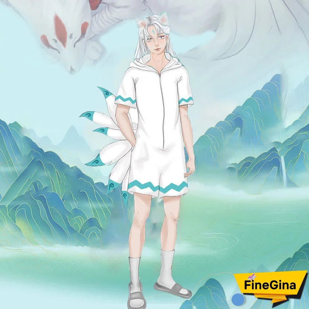 Nine-tailed Fox Plush One-piece Hooded Pajamas