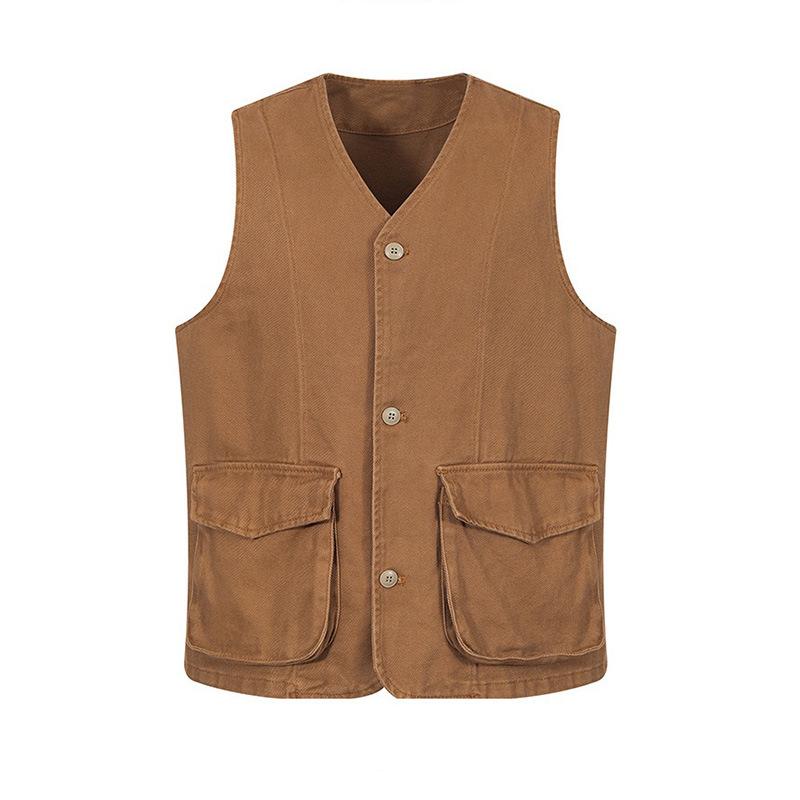 Men's Solid Color Vintage V-neck Denim Cargo Vest