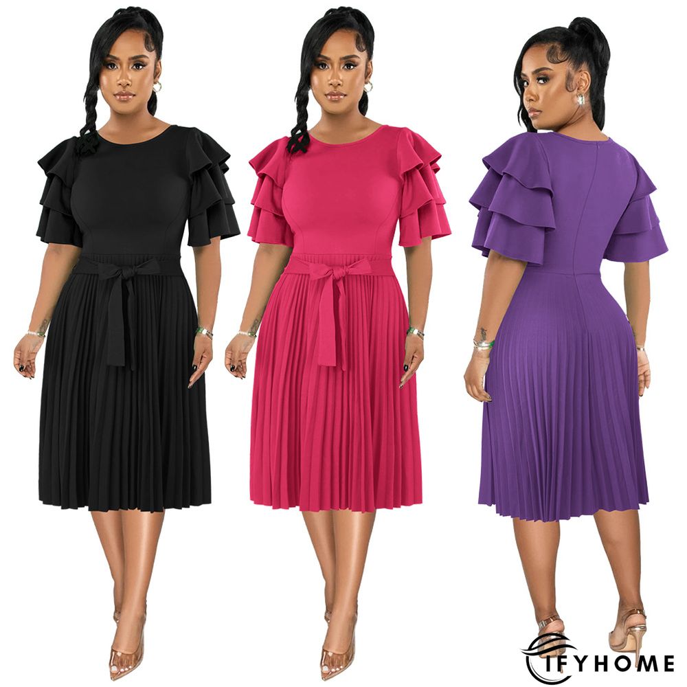Round Neck Ruffle Short Sleeve Pressed Pleated Dress | IFYHOME