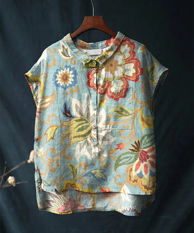 Vintage Floral Print Short-sleeved Cotton and Linen Shirt