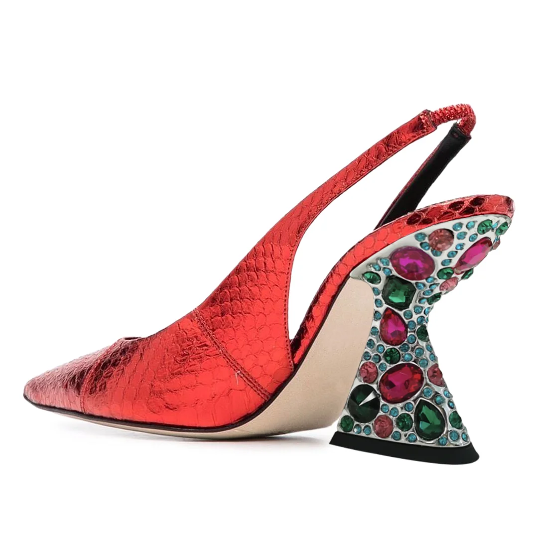 Metallic Finish Croc-Embossed Pointed Slingback Party Pumps in Red