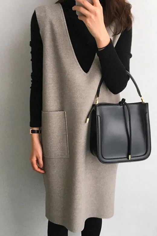 V Neck Sleeveless Woolen Vest Pocketed Dress (6 colors Available)
