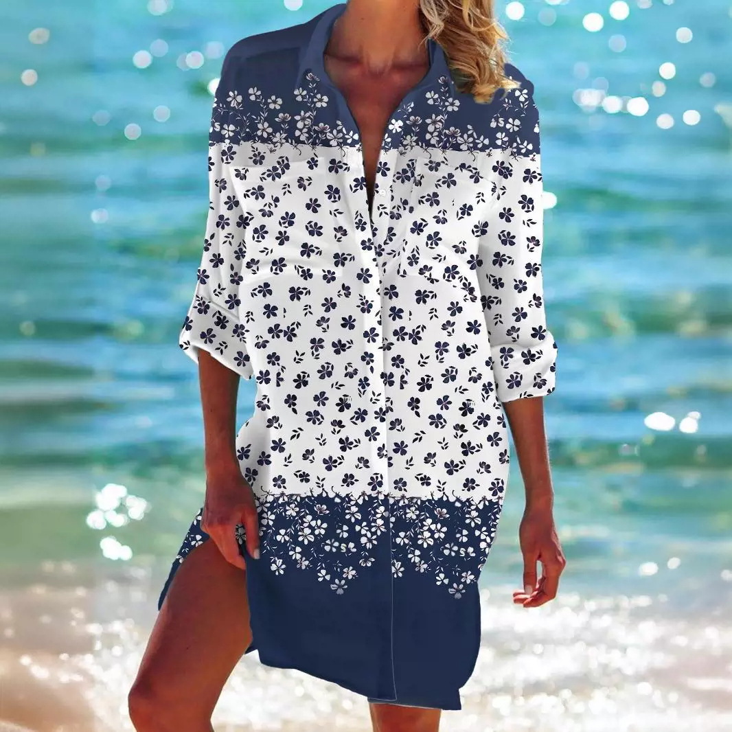 Myopiclunacy Colorful Floral Flower 3D Print Beach Blouses Women Long Sleeve Blusas Mid-length Shirts Buttons Shirt Woman Pocket Tops Blouse