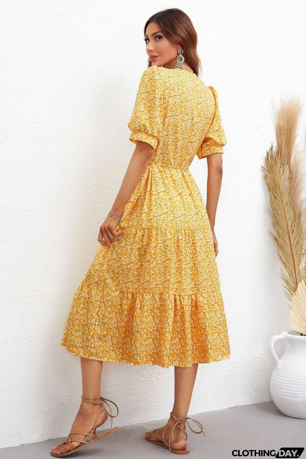 Floral Tie Waist Collared Neck Tiered Dress