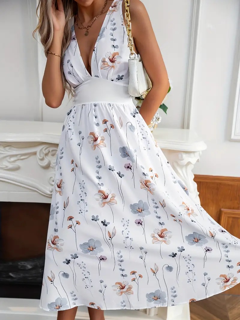 Mature Women's Summer New V-neck High Waist Sleeveless Printed Vest Dress