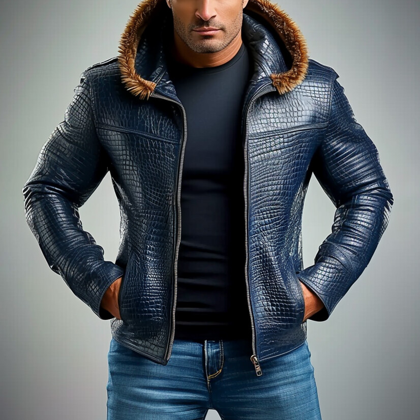 Men's PU Leather Zipper Pocket Alligator Pattern Hooded Jacket