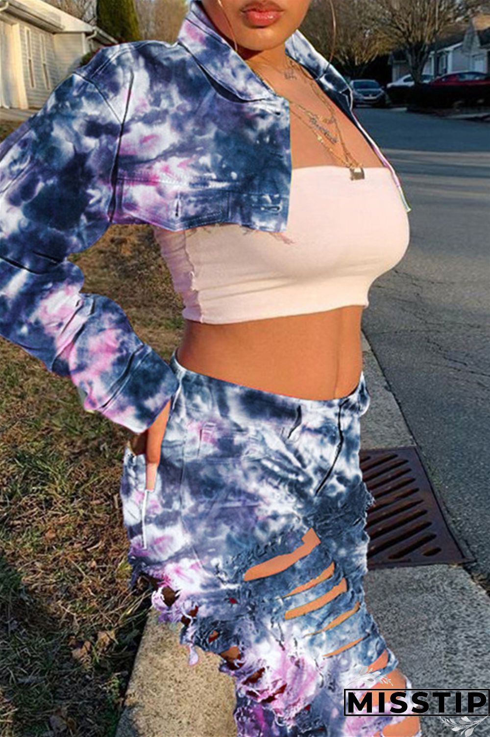 Deep Blue Casual Tie Dye Ripped Turndown Collar Long Sleeve Two Pieces