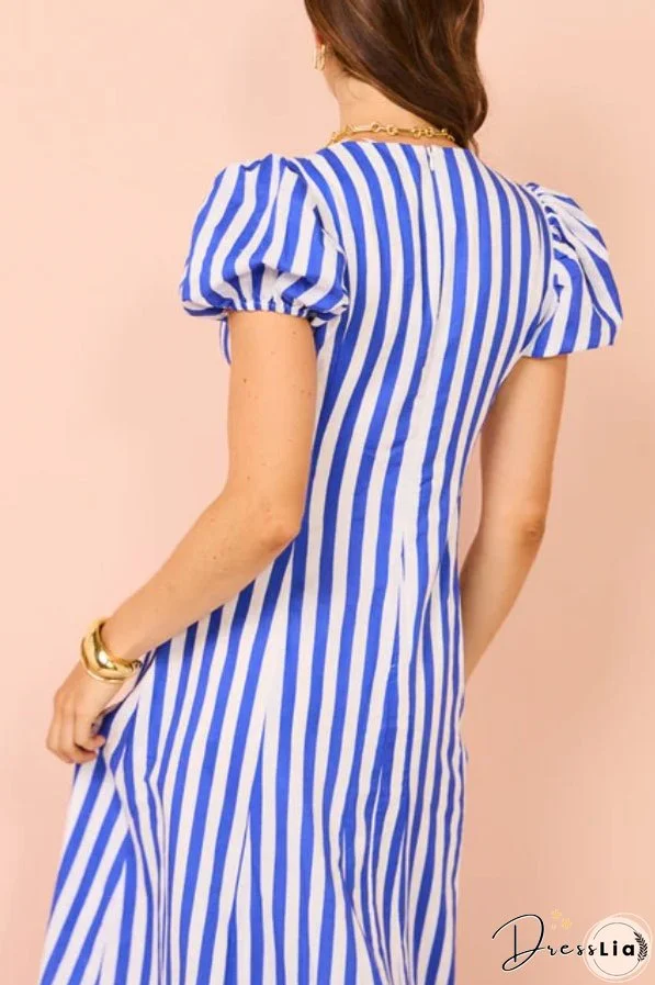 Indulge in Timeless Striped Print Puff Sleeve Pocketed Wavy Maxi Dress