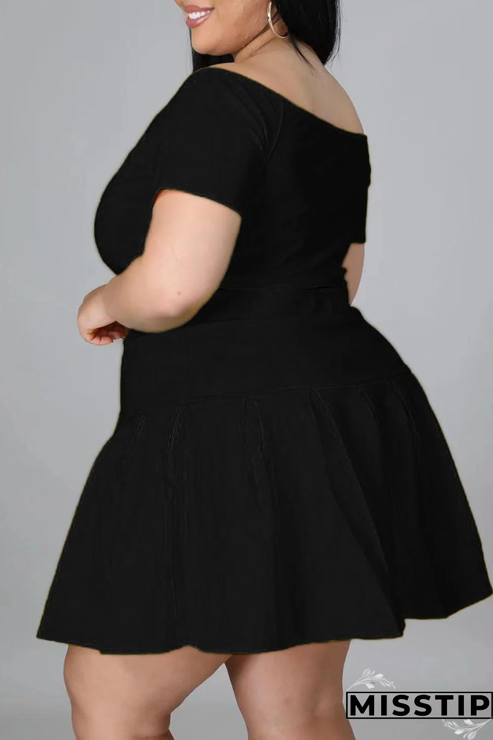 Black Casual Solid Patchwork Off the Shoulder A Line Plus Size Two Pieces