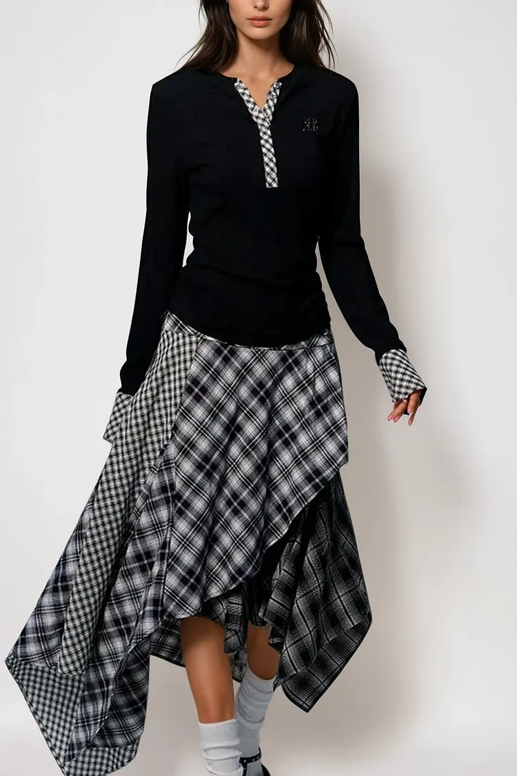 Beril Layered Patchwork Plaid Maxi Skirt