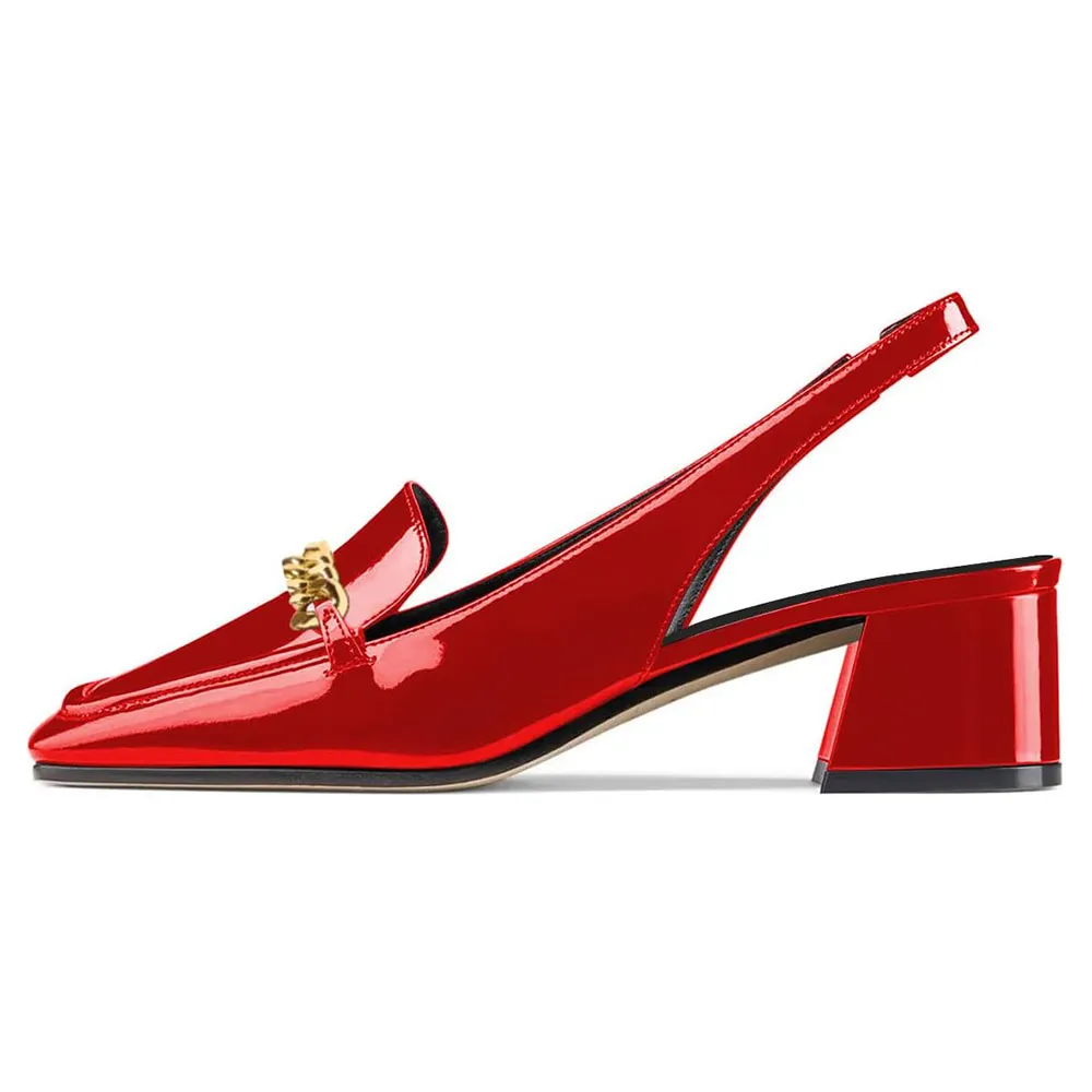 Trendy Red Square Toe Gold Chain Decor Loafer Slingback Pumps