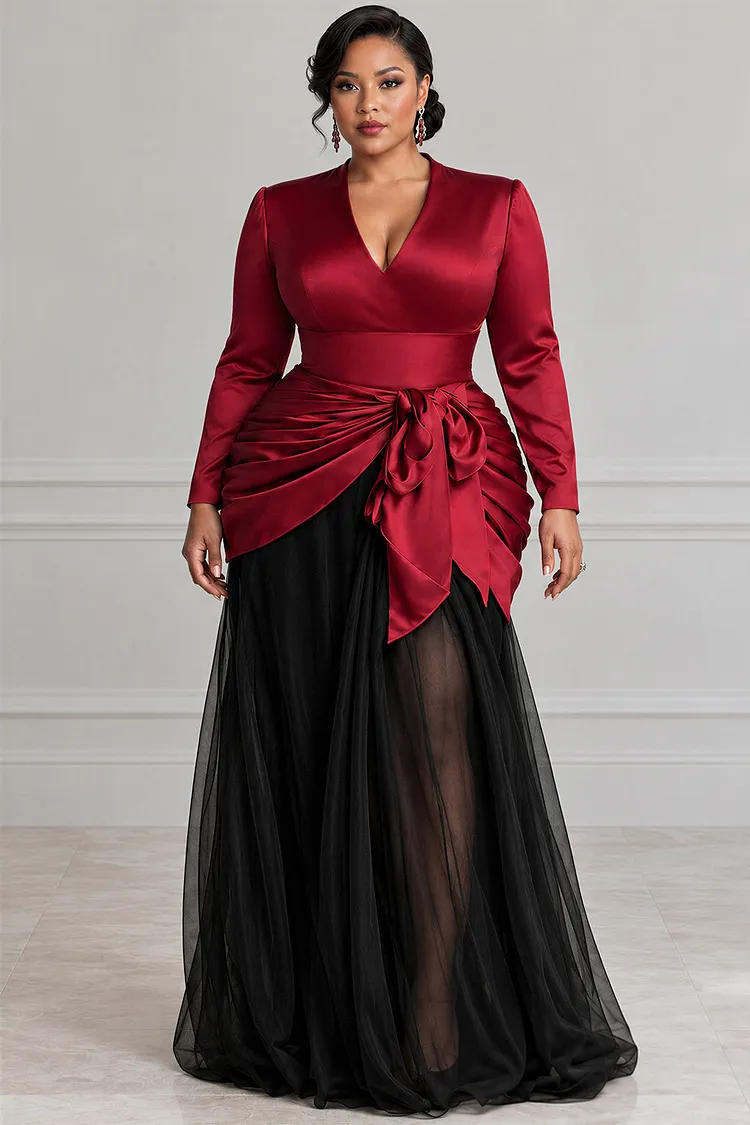 Xpluswear Design Plus Size Formal Tulle Black Turndown Collar Long Sleeve Fold Contrast Satin Maxi Dresses [Pre-Order] 2024 - Xpluswear