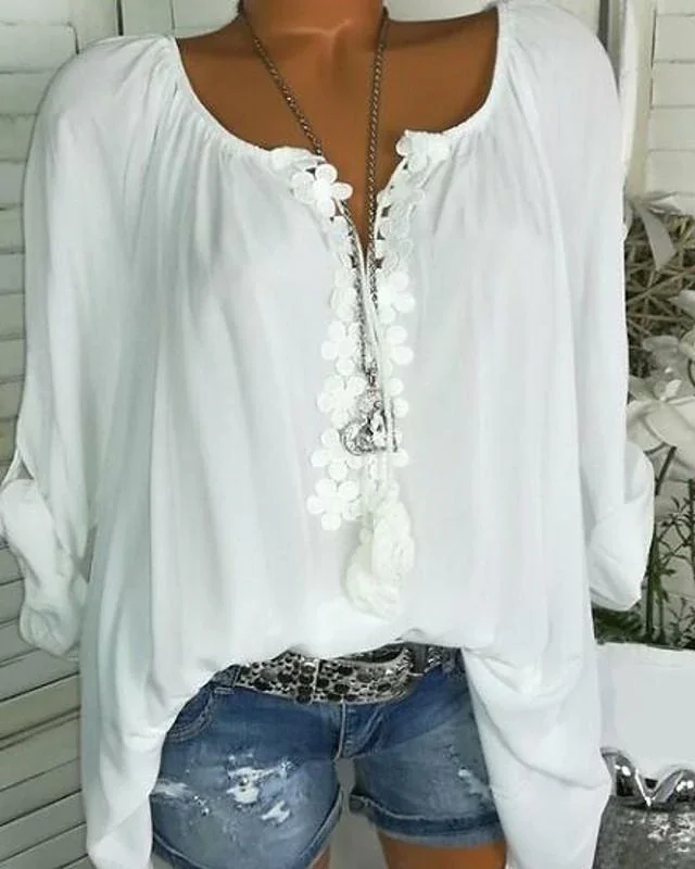 Women's Plus Size Blouse Shirt Geometric Sexy Long Sleeve Lace Ruffle U Neck Tops Basic Top White Black Blue-838