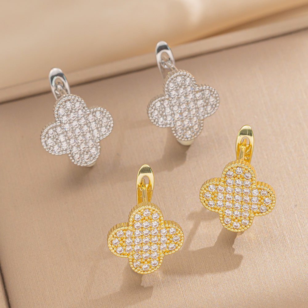 Selected Copper Gold-Plated 18K Zircon Earrings Fashionable Four-Leaf Clover Exquisite Zirconium Jewelry