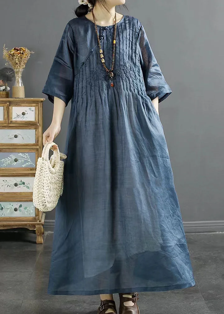 Italian Blue O Neck Embroideried Patchwork Long Linen Dresses Summer