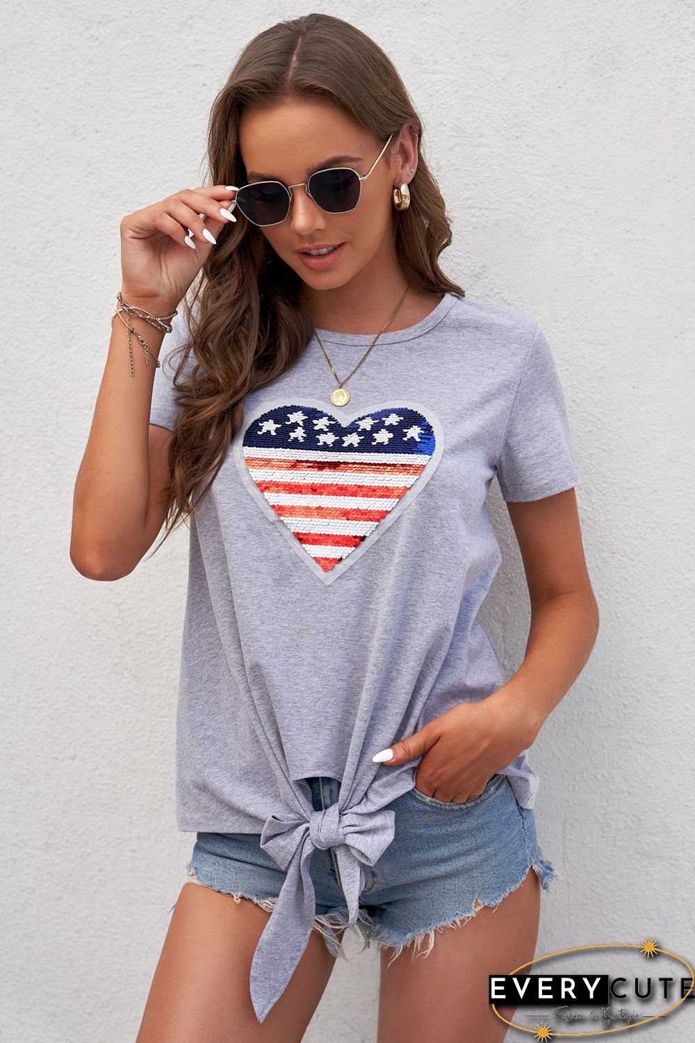 Mommy Patriotic Flag Sequin Heart Applique Knot Top