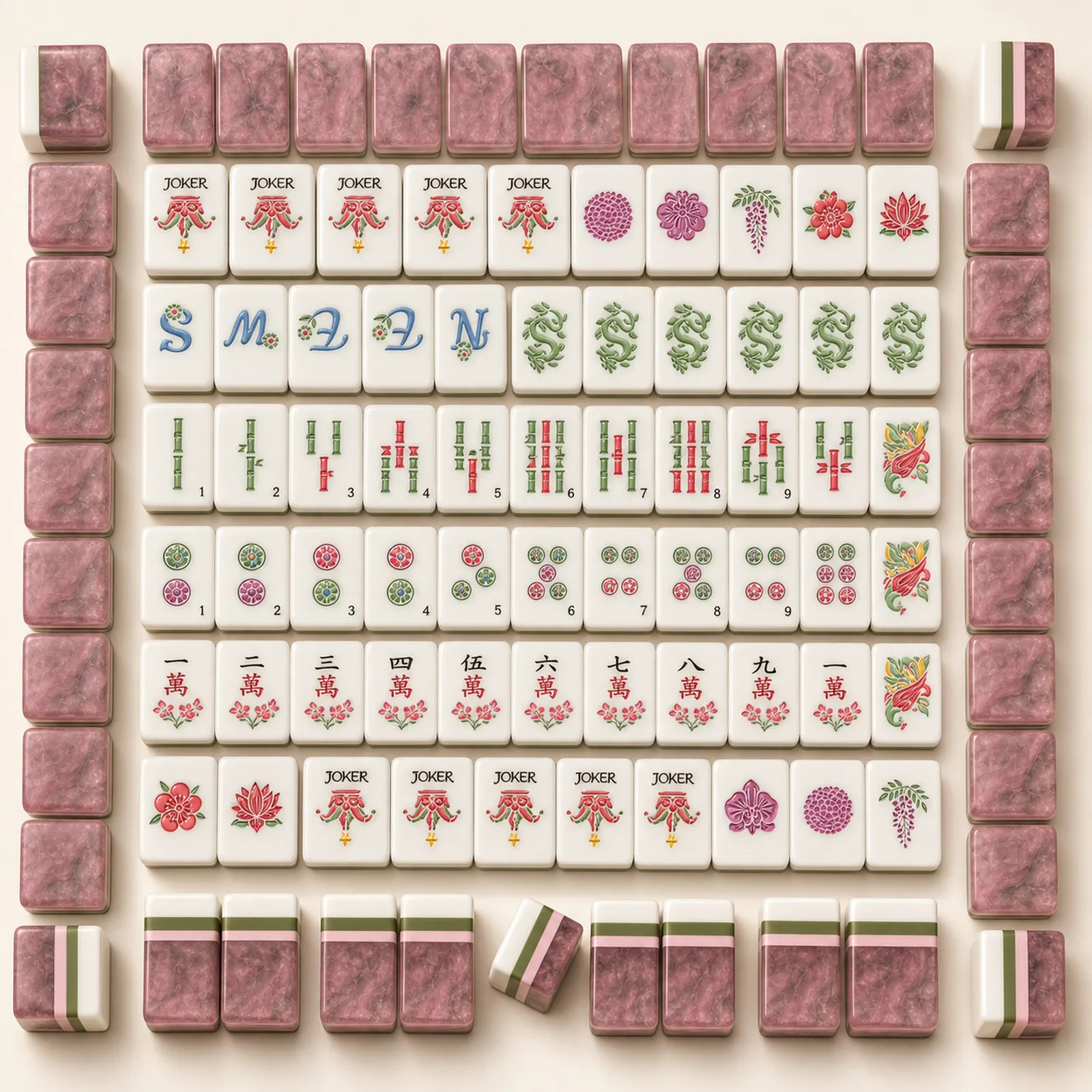 Pink Rose tiles showing engraved faces and layered edges.