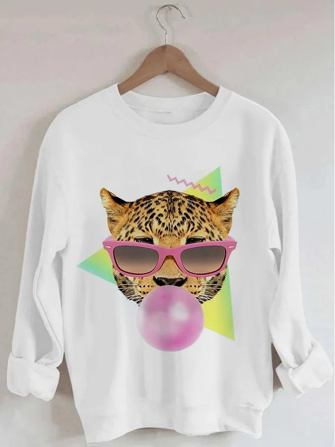 Women's Fashion Cheetah Print Long Sleeve Round Neck Sweatshirt socialshop