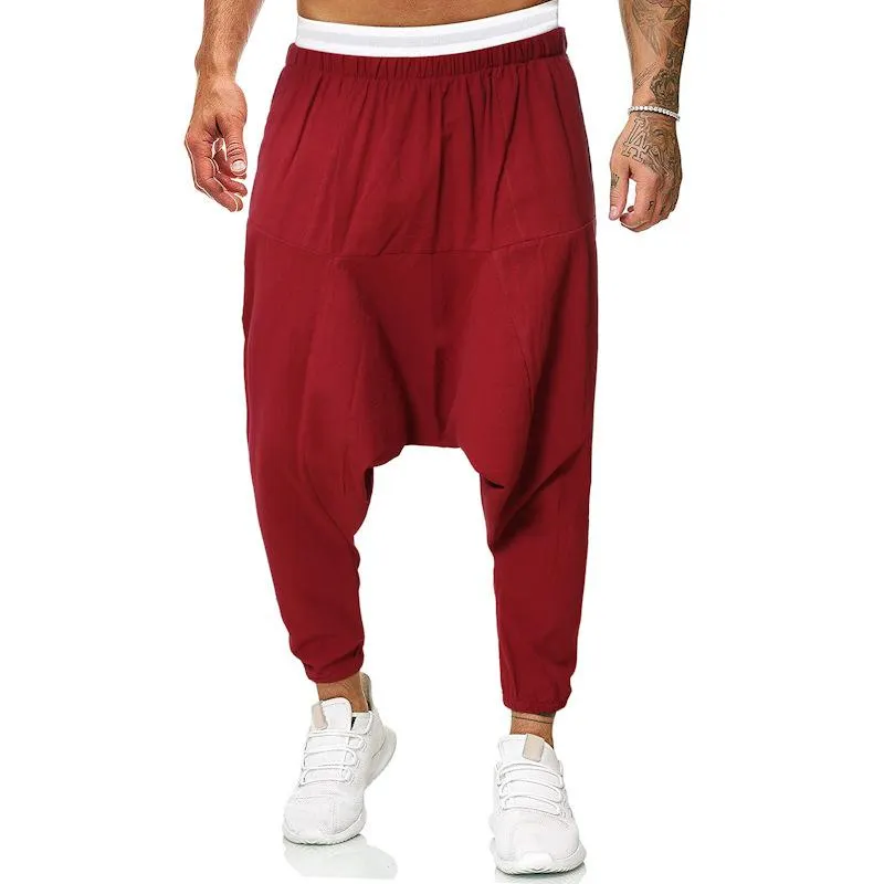Men's Solid Cotton And Linen Loose Elastic Waist Harem Pants
