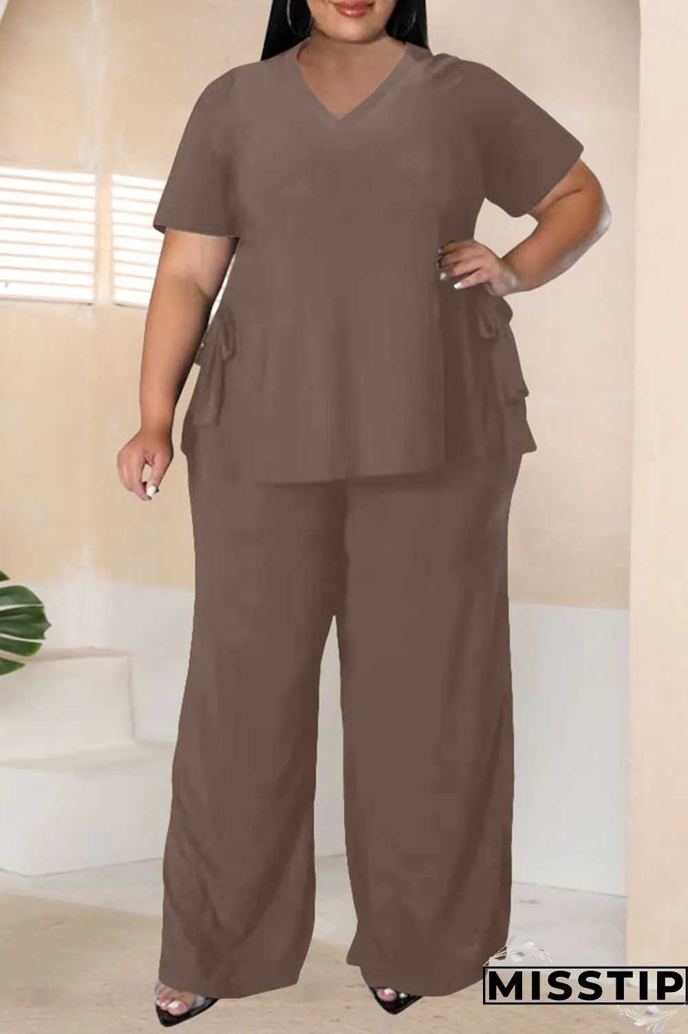 Burgundy Casual Solid Bandage Patchwork Slit V Neck Plus Size Two Pieces