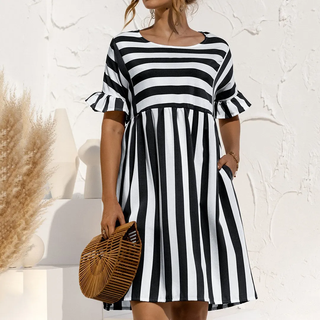 Women Summer Dress Fashion Striped Print Ruffles Sleeves Loose Dresses Elegant O Neck Plus Size Party Female Mini Dress Vestidos