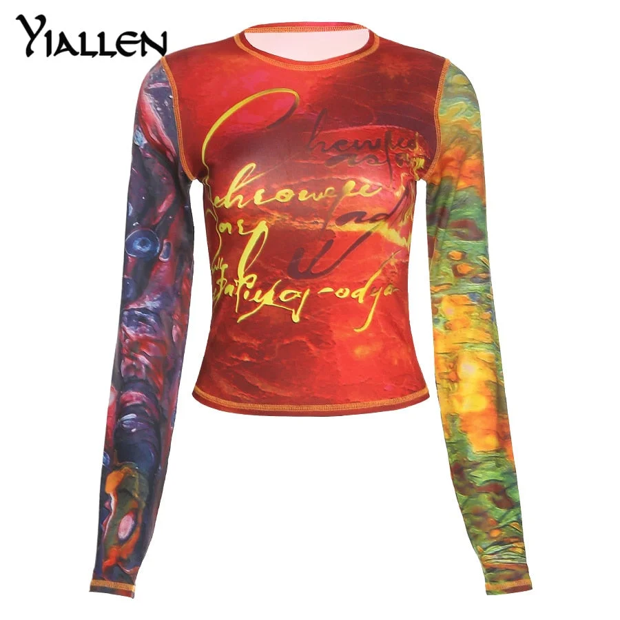Yiallen Autumn Colorful Print Y2K Crop Tops Women Sexy Backless Long Sleeve T-Shirts Hipster Skinny Hip Hop Tees Streetwear Hot